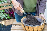 Woman filling lined hanging basket with compost