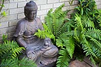 A Buddha statue sits next to a brick wall, surrounded by ferns