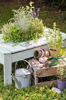 Table made out of a wooden pallet, with central planter planted with mixed herbs in summer country garden. 