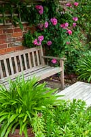 Wooden seat and table beside fragrant Rosa - Climbing Rose - on trellis and brick wall - Open Gardens Day, Friston, Suffolk
