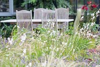 Gaura lindheimeri, Lavandula - Lavenders and grass Stipa tenuissima in a bed with wooden table and chairs behind