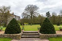 View of formal lawn and house through stone steps flanked by Taxus baccata cones 