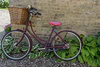 A family bicycle with front basket, resting against a brick wall