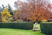 Formal evergreen hedge and ornamental cherub statue with deciduous trees in background