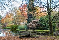 Bench positioned with a view of water, mature trees, shrubs and perennials