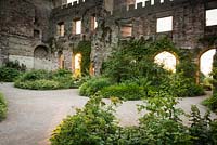 The Garden in the Ruins at Lowther Castle, planted with a range of shade loving plants including Lamium orvala, thalictrum and Hakonechloa macra, the Japanese forest grass.