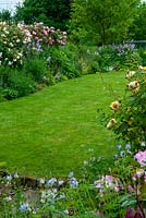 Lawn with surrounding borders of roses and other herbaceous plants - Open Gardens Day, Earl Stonham, Suffolk