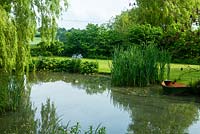 Garden pond with marginal plants, Weeping Willow and moored dinghy - Open Gardens Day, Earl Stonham, Suffolk