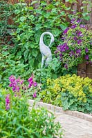 View across border towards statue of stork and bed with Alchemilla mollis and flowering Clematis viticella on fence