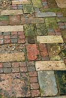 Rustic garden path made from reclaimed bricks, setts, slabs and flintstones - Open Gardens Day, Coddenham, Suffolk