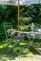 Vintage garden furniture covered with plants in pots