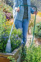 Woman watering at base of plants using a wand