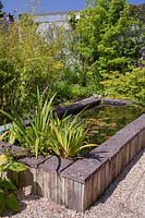 Raised pond in suburban garden, with surrounded planting. 