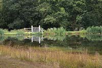 Upper pond surrounded by oak trees at Am Brook Meadow, Devon in August