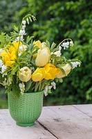 Spring floral arrangement in green glazed pot with Dicentra spectabilis 'Alba' and mixed yellow Tulips