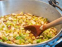 Cooking Green Tomato Chutney in large preserving pan.