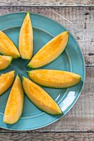 Slices on Melon 'Irina' on plate, seeds removed