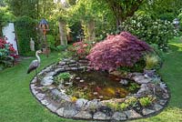 Suburban garden fish pond with Acer palmatum Dissectum Atropurpureum, decoy Heron, flowering Azaleas and bird table