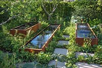 Rusted steel water troughs whose surface ripples when music from Radio 2 is played through the gravel below, shade tolerant planting includes: Tetrapanax, ferns and small flowering perennials. The Zoe Ball Listening Garden, built by Crocus