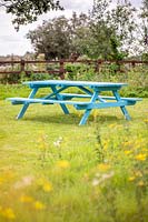 Bright blue picnic bench in meadow