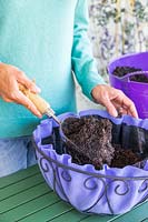 Woman adding compost to the hanging basket
