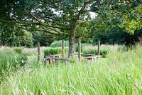 Seating area amongst long grasses - Dyffryn Fernant, Wales