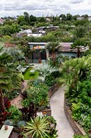 A tropical garden in London. High view of garden showing curved path leading through borders to seating areas. Behind is the allotment where Antony Watkins, the owner has his plot.