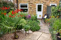 View towards house past border with planting of Crocosmia 'Lucifer' and Trachycarpus fortunei