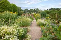 Formal pathway through Herb Garden with Feverfew, Allium seedheads, Borage, Hollyhocks, Inula and clipped topiary