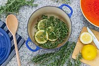 Saucepan with Salvia rosmarinus - Rosemary - foliage and slices of Lemon 