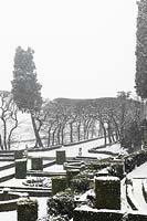 The Italian formal garden and the hornbeam path covered in snow