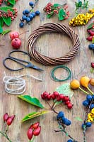Materials and tools ready for making an Autumnal berry wreath including Prunus domestica subsp. insititia var. nigra - Bullace, Pyracantha, Malus 'evereste' - Crab apple, Rose Hips, Crataegus persimilis 'Prunifolia Splendens' - Hawthorn and Cotoneaster salicifolia