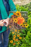 Woman holding wooden trug full of Foliage and flowers including Rudbeckia, Helenium, Dahlia, Salvia and ornamental grasses. 