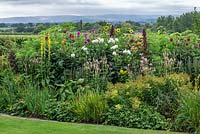Border planted with dahlias and herbaceous perennials including lythrum, helianthus, verbascum and phlox, with glimpses of Blackmore Vale beyond. 