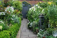 View along paved path to garden shed, passing raised beds edged in box hedging, planted with white agapanthus, cosmos, hydrangeas, geraniums and roses. Tall table with steel dish of succulents.