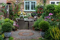 In small town garden, view back to patio by house clad in Clematis 'Madame Julia Correvon', and shelving with pots of nemesias or surfinias. RH bed planted with peonies, roses, alliums and yellow loosestrife.  In pots, small-leaved hollies,  Ilex crenata 'Kinme'. Fuchsias in pots on left fence panel.