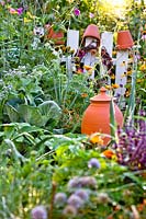 View to terracotta rhubarb forcer standing among vegetables, herbs and flowers in organic kitchen garden. 