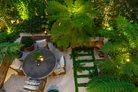 A bird's-eye view of an enclosed courtyard with outdoor dining, the fronds of Dicksonia antarctica - Tree Fern - filtering the light from uplighters