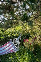Old striped hammock hanging from tree in country garden
