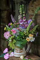 Flower arrangment, Cottage garden plants, Digitalis, Heucherella, Geranium, Rose, Brunnera, Rosa 'Goldfinch', Cow Parsley