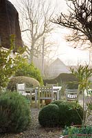 A seating area surrounded by evergreens in March including box, rosemary and yew