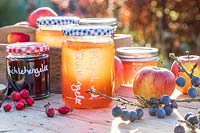 Selection of jams and jellys in Autumn with hedgerow berries - german labels
