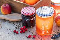 Selection of jams and jellys in Autumn with hedgerow berries - with German labels