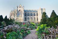 The Stumpery Garden in spring with Arundel Cathedral, West Sussex, UK