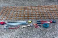 Tools and materials for rose arbour made from wire mesh steel rebars - Step by step How to make a rose arbour. 