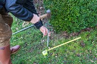 Man hammering iron bars into the ground - Step by step How to make a rose arbour from wire mesh steel rebar. 