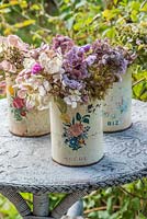 Dried hydrangea and statice in old french tin