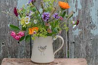 Little jug with flowers in July with Verbena bonariensis, Papaver Poppy seed heads, Calendula officinalis 'Indian Prince', Rosa roses, Alchemilla mollis, 'Erigeron karvinskianus', Annual grasses, Eschscholzia californica. Hogben pottery