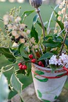 Foraged Christams decorations: IIlex - holly, Hedera - Ivy, Papaver - poppy seed heads, Viburnum and Muscari - Grape hyacinth seed heads in a terracotta pot pained with mistletoe and a red raffia bow.