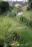 Wild flower planting with Papaver rhoeas - Field poppy Agrostemma githago - Corn cockle and Glebionis segetum - Corn marigold and grassy path leading to a contemorary rill and classical urn